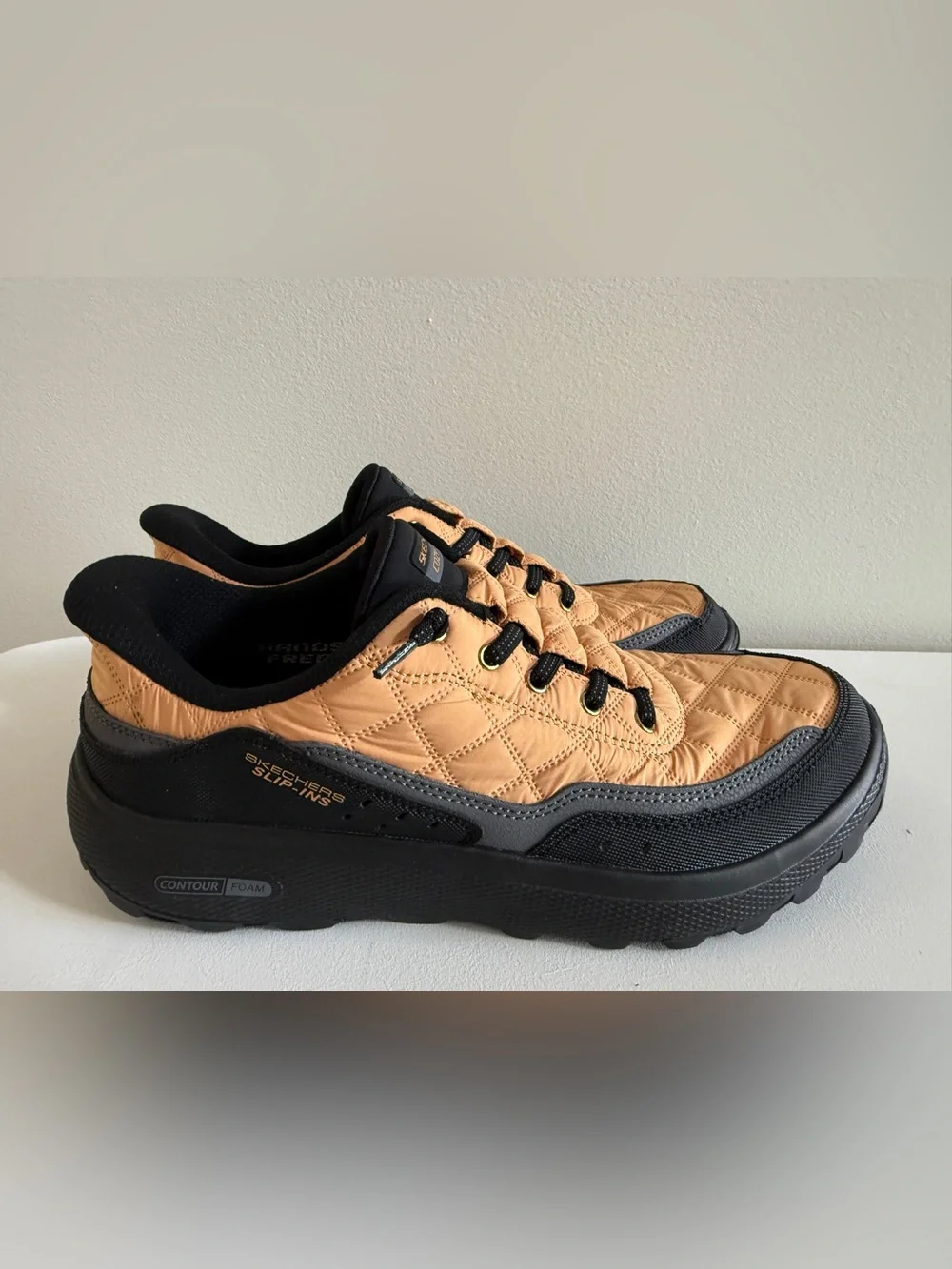 Skechers Women's Slip-Ins Quilted Tan and Black Slip-On Sneakers Size 9